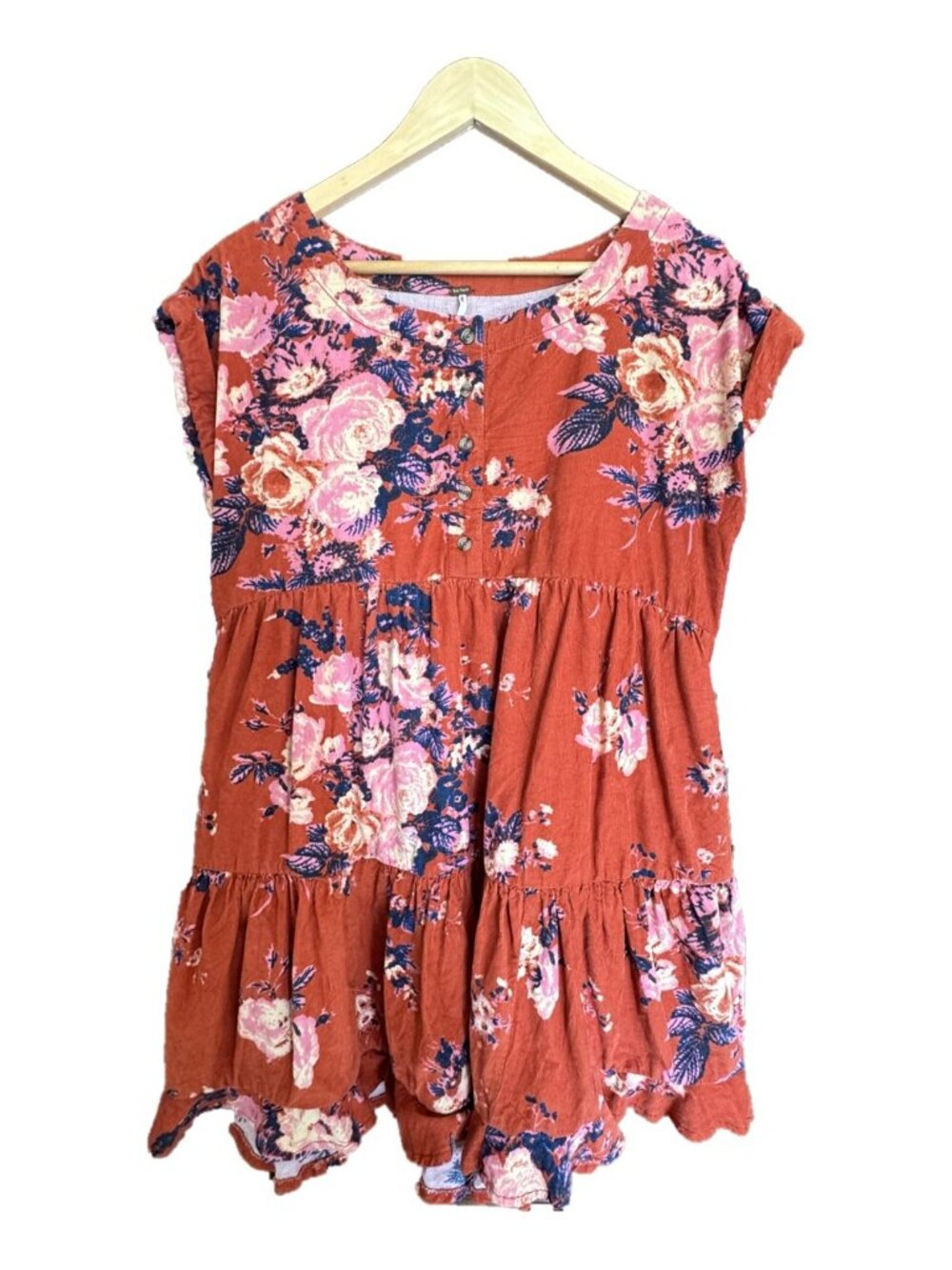 Free People Rust Floral Corduroy Tiered Babydoll Mini Dress Women's XS Boho